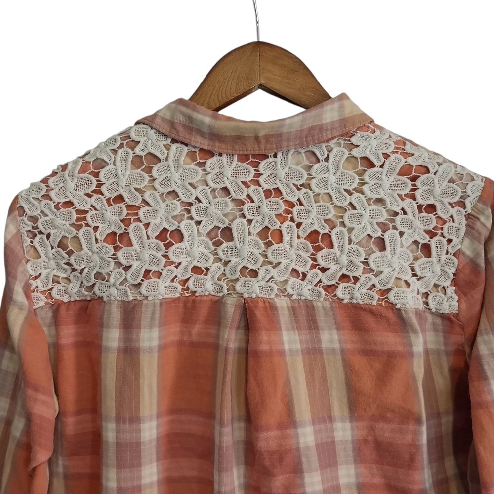 Hippie Laundry Size L Crochet Embellished Plaid Button Cowgirl Long Sleeve Shirt - Picture 11 of 11